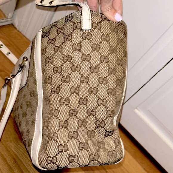 ✨ GUCCI ✨ Authentic GG Canvas White Leather Flower Handbag Satchel Tote - Picture 14 of 16